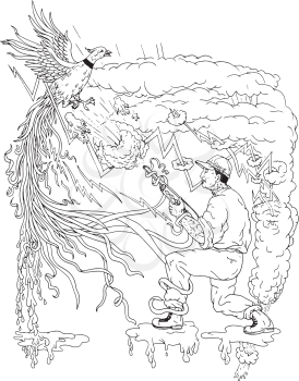 Ukiyo-e or ukiyo style illustration of a hunter with shotgun shooting a Ring-necked Pheasant bird flying over smoke and lightning on isolated background.
