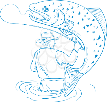Drawing sketch style illustration of Fly Fisherman viewed from rear fishing Reeling a spotted brown Trout jumping on isolated background done in blue and white.