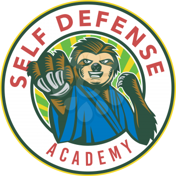 Badge icon style illustration of a sloth in karate stance fighting punching viewed from front set inside circle with words Self Defense Academy on isolated background.