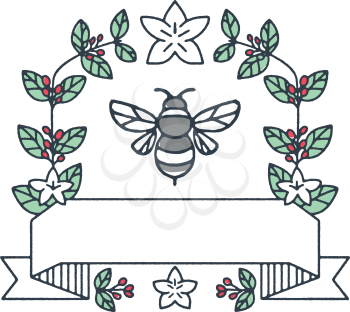 Mono line style illustration of a bumblebee or bumble bee, a member of the genus Bombus, part of Apidae surrounded with coffee leaves and cherries flower set on isolated white background. 