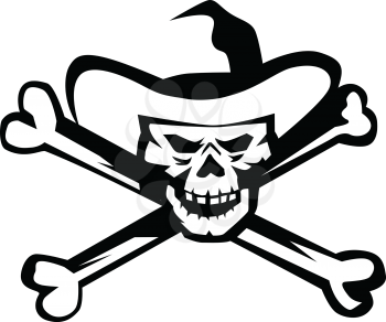 Illustration of a cowboy pirate skull and cross bones viewed from front set on isolated white background done in retro style. 