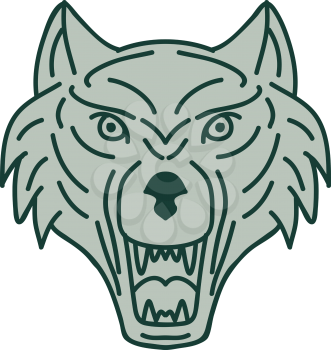 Mono line style illustration of a gray wolf head showing teeth fang viewed from front set on isolated white background done in retro style. 