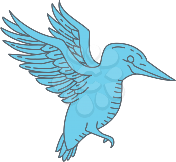 Mono line style illustration of a kingfisher bird flying viewed from the side set on isolated white background. 
