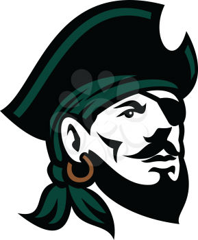 Illustration of a head of a bearded pirate with eyepatch wearing hat and headscarf looking up set on isolated white background done in retro style. 