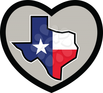 Icon style illustration of Texas Flag wrapped in state Map set Inside Heart on isolated background.