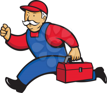 Cartoon style illustration of an aircon technician, Air Conditioning Service Technician, mechanic or repairman running with toolbox viewed from side on isolated background.