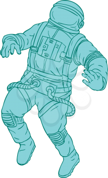 Drawing sketch style illustration of an astronaut, cosmonaut or spaceman floating in space on isolated background.