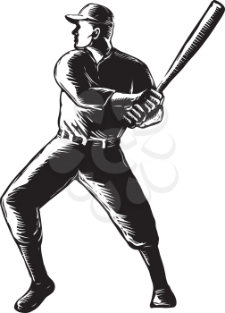Retro woodcut style illustration of a baseball player batting viewed from side on isolated background done in black and white