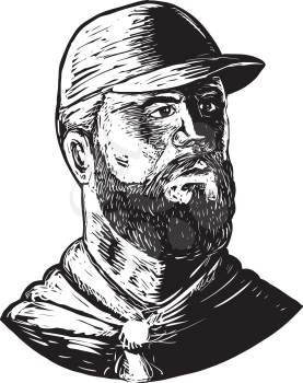 Scratchboard style illustration of a bearded chef wearing baseball hat and beard looking to side done on scraperboard on isolated background.