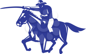 Retro style illustration of an American or United States  Cavalry riding on horse with sword Charging viewed from side on isolated background.