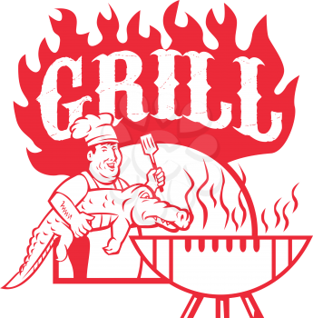 Retro style illustration of a bbq chef carrying a gator to  barbecue grill with words Grill on isolated background.