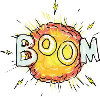 Cartoon style illustration of an explosion with words Boom set on isolated background.