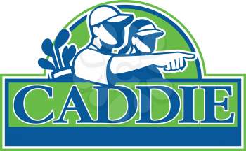 Retro style illustration of a female professional golfer and male caddie pointing and strategizing set inside half circle with banner and words Caddie.