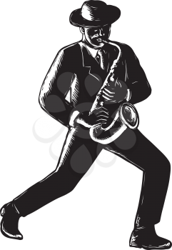Retro woodcut style illustration of an African-American black jazz musician playing sax or saxophone viewed from front in black and white.