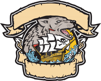 Retro style illustration of an angry seawolf or wolf head with galleon pirate ship below it framed from ribbon and banner on isolated background in full color.