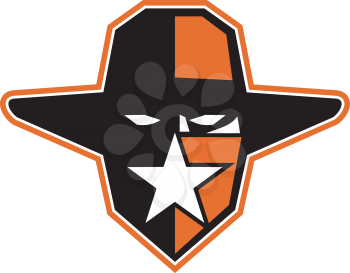 Icon style illustration of an outlaw, maverick or bandit cowboy wearing hat and star on bandana mask viewed from front on isolated background.