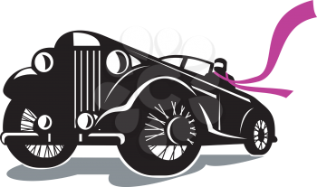 Retro style illustration of a vintage roadster, coupe classic automobile with top down and driver with flowing scarf viewed from a low angle on isolated background.