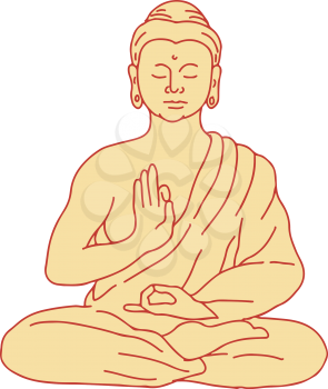 Drawing sketch style illustration of Gautama Buddha, Siddhartha Gautama or Shakyamuni Buddha sitting in lotus position viewed from front on isolated background.