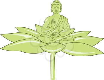 Drawing sketch style illustration of  Gautama Buddha,Siddhartha Gautama or Shakyamuni Buddha or simply the Buddha sitting on lotus flower on isolated background.