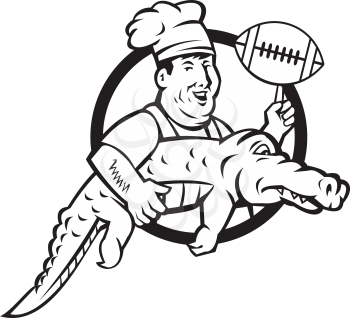 Mascot icon illustration of a chef or cook twirling an American football ball while carrying a gator or alligator set inside circle in black and white on isolated background in retro style.