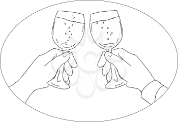 Drawing sketch style illustration of two hands with wine glass toasting on isolated white background.