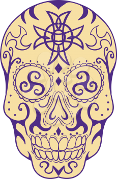Tattoo style illustration of a Mexican skull with triskele and Celtic cross viewed from front on isolated backgrounbd.