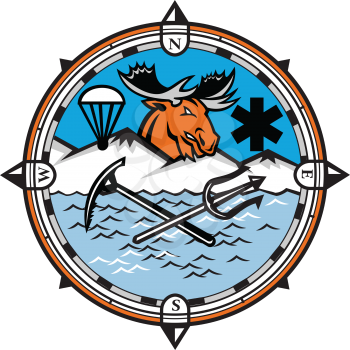 Mascot icon illustration of head of a moose with parachute and star of life symbol and crossed trident and ice axe set inside compass symbolizing pararescue land, sea and air emergency rescue.