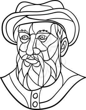 Mosaic low polygon style illustration of an old Spanish or Portuguese explorer or naval officer, Ferdinand Magellan wearing a hat and beard on isolated white background in black and white.