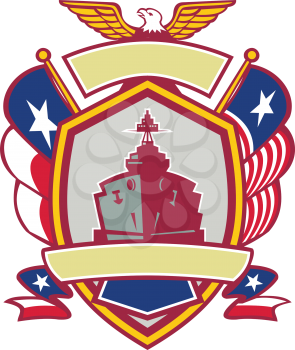 Icon retro style illustration of a battleship or warship with American eagle and Texas Lone Star flag and USA star spangled banner on side set inside crest shield on isolated background.