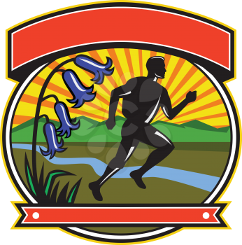 Icon retro style illustration of a trail runner running a cross country marathon with bluebells set inside oval shape on isolated background.