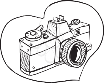 Drawing sketch style illustration of a vintage 35mm slr camera set inside heart shape on isolated background. 