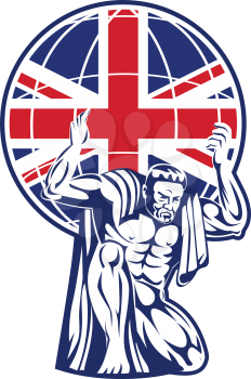 Icon retro style illustration of Atlas, a Titan carrying a globe with British United Kingdom UK, Great Britain Union Jack flag viewed from front on isolated background.