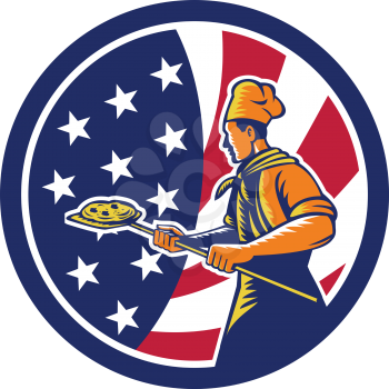 Icon retro style illustration of American pizza baker chef holding peel viewed from side with United States of America USA star spangled banner or stars stripes flag inside circle isolated background.

