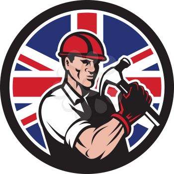Icon retro style illustration of a British handyman, builder, carpenter or construction worker holding hammer with United Kingdom UK, Great Britain Union Jack flag set inside circle.
