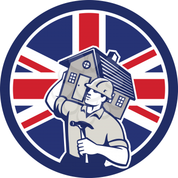 Icon retro style illustration of a British building contractor, builder, handyman, carpenter carrying house with United Kingdom UK, Great Britain Union Jack flag set inside circle isolated background.