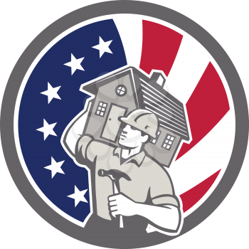 Icon retro style illustration of an American building contractor, builder, or carpenter carrying house with United States of America USA star spangled banner or stars and stripes flag inside circle.

