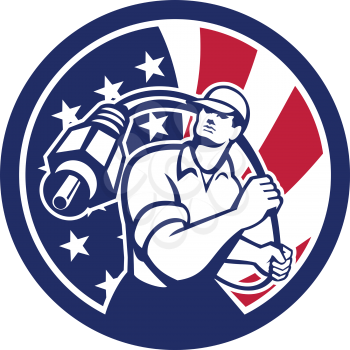 Icon retro style illustration of American cable installer guy holding RCA plug cable with United States of America USA star spangled banner or stars and stripes flag inside circle isolated background.

