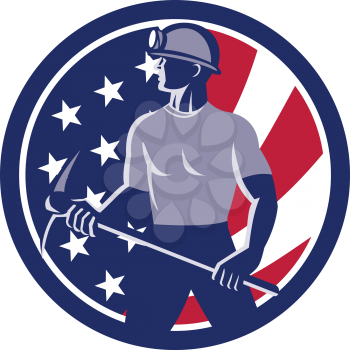 Icon retro style illustration of an American coal miner holding a pick axe viewed from side with United States of America USA star spangled banner or stars and stripes flag inside circle isolated.