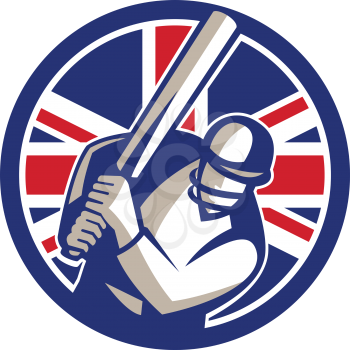 Icon retro style illustration of a British cricket batsman player batting with bat and with United Kingdom UK, Great Britain Union Jack flag set inside circle on isolated background.