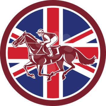 Icon retro style illustration of a British jockey or equestrian horse racing viewed from side with United Kingdom UK, Great Britain Union Jack flag set inside circle on isolated background.