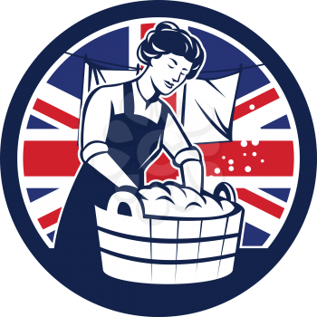 Icon retro style illustration of a vintage British housewife washing laundry with United Kingdom UK, Great Britain Union Jack flag set inside circle on isolated background.