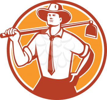 Retro style illustration of an urban farmer looking forward wearing a neck tie and cowboy hat holding a grab hoe on shoulder set inside circle on isolated background.