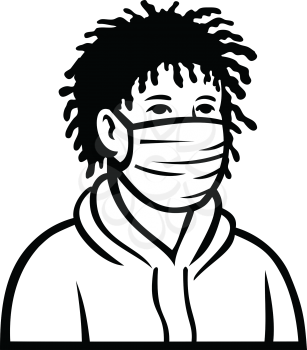 Retro style illustration of an African-American teenage teenager boy wearing a face mask and hoodie viewed from front isolated background in black and white.