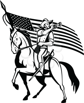 Retro style illustration of a United States Cavalry, the mounted force of the United States of America with bugle and USA American stars and stripes flag on horse on isolated background.