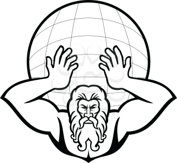 Black and white illustration of head of Atlas, a Titan in Greek god mythology holding up the world or globe the viewed from front on isolated background in retro style.