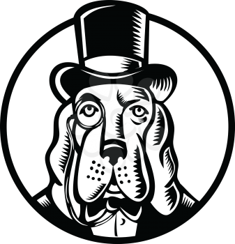 Mascot icon illustration of head of a basset hound wearing monocle glass and top hat, high hat, or topper viewed from front on isolated background in retro woodcut style.