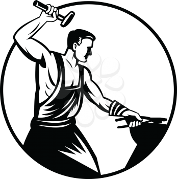 Black and white retro style illustration of a blacksmith or foundry worker with hammer striking an anvil on isolated background.