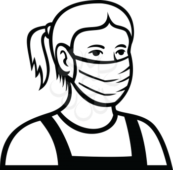 Retro style illustration of an American Caucasian teenage child or teenager boy wearing a face mask viewed from front isolated background.