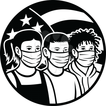 Black and white retro style illustration of American children of different race or ethnicity wearing face mask with USA stars and stripes flag set inside circle on isolated white background.
