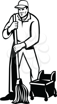 Retro style illustration of an commercial cleaner or janitor with mop mopping cleaning for viewed from front on isolated background done in black and white..